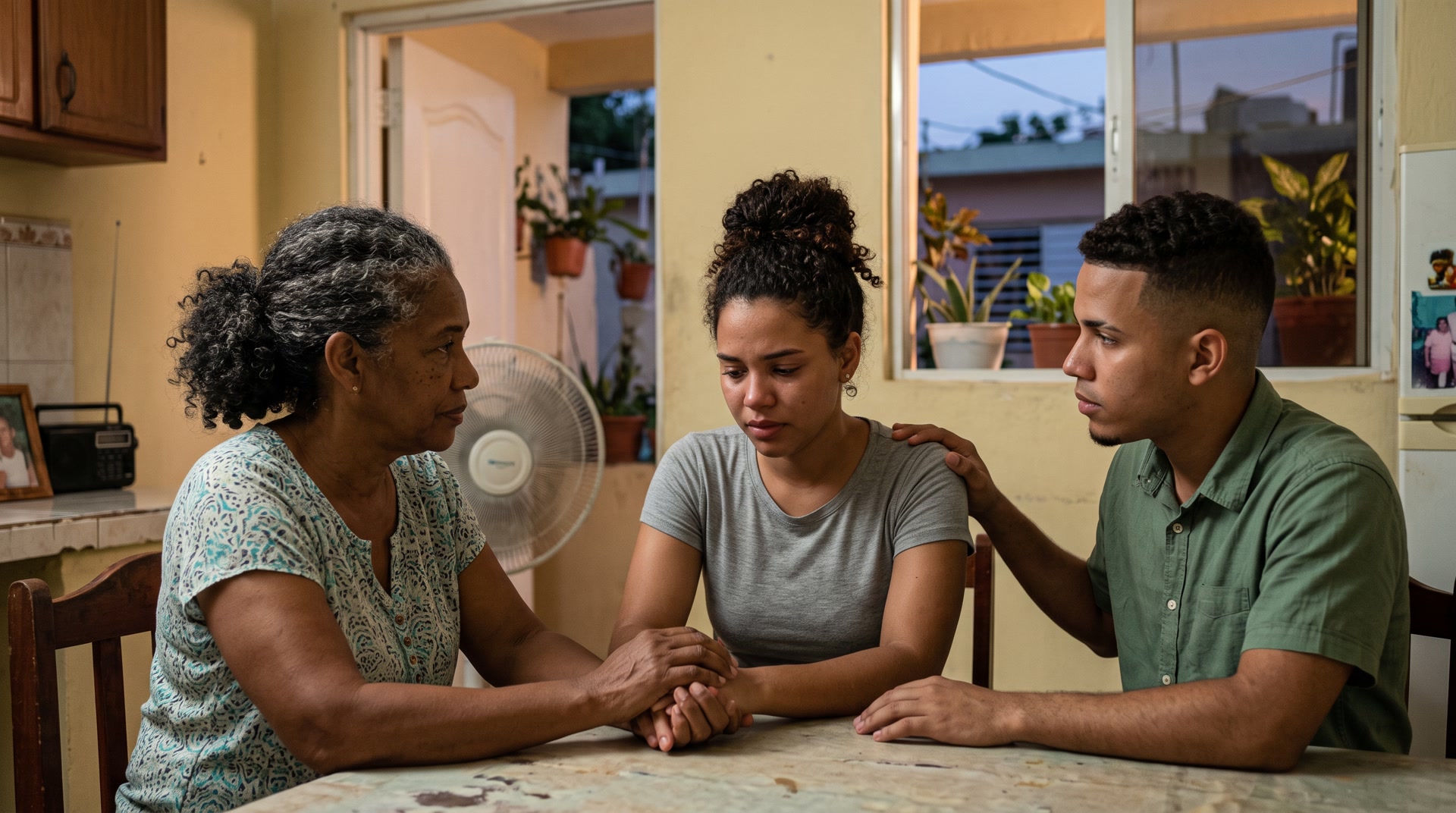 Una mujer dominicana joven se sostiene del mostrador de un colmado en Santiago con la mano en el pecho, recuperando el aire al atardecer — foto editorial sobre los ataques de pánico y la sensación de que es el corazón