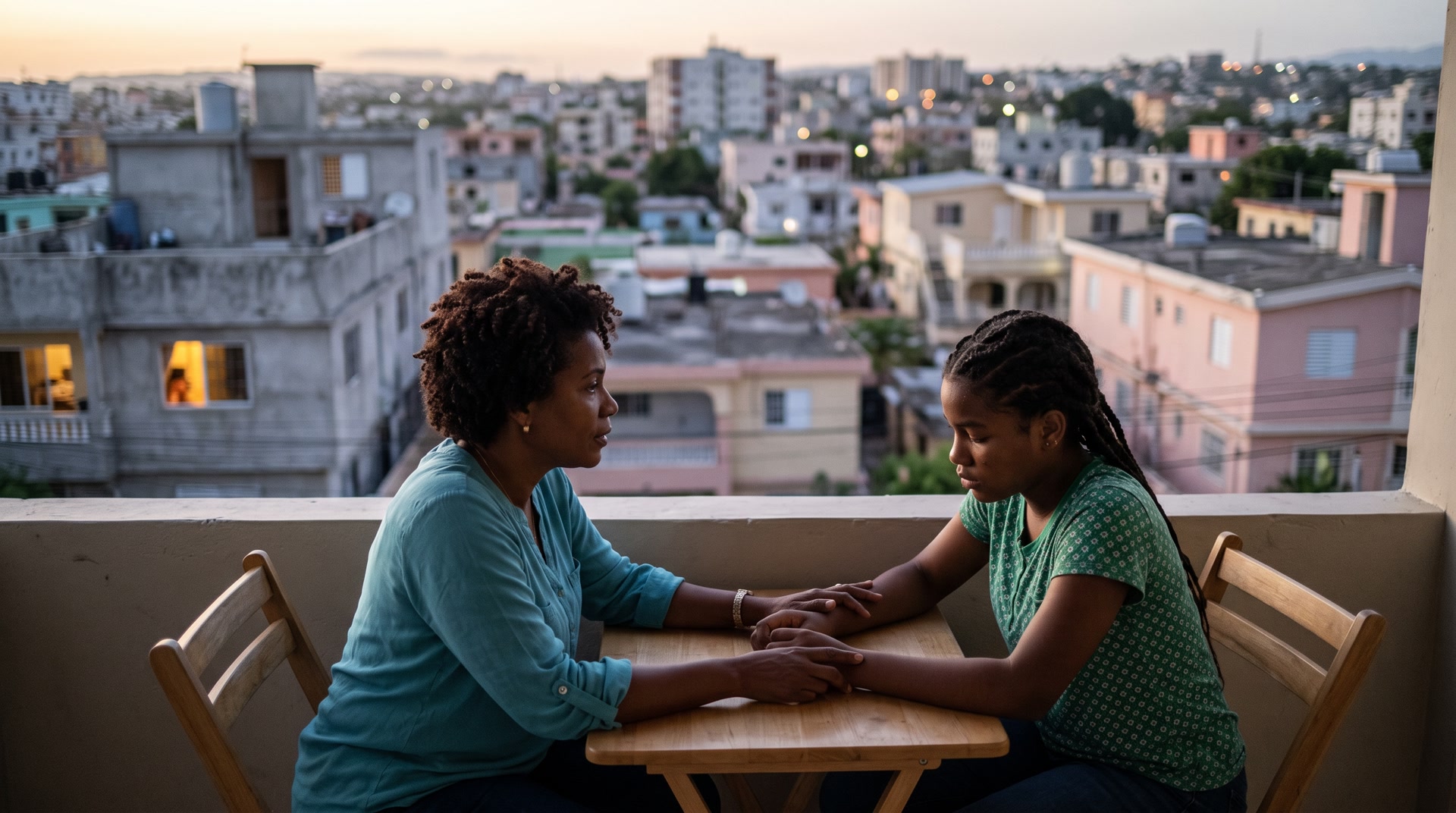 Un hombre dominicano de unos 30 años sentado en el balcón de su casa al atardecer, mirando la calle con expresión pensativa mientras una taza de café se enfría a su lado — foto documental editorial sobre estrés postraumático y el silencio masculino