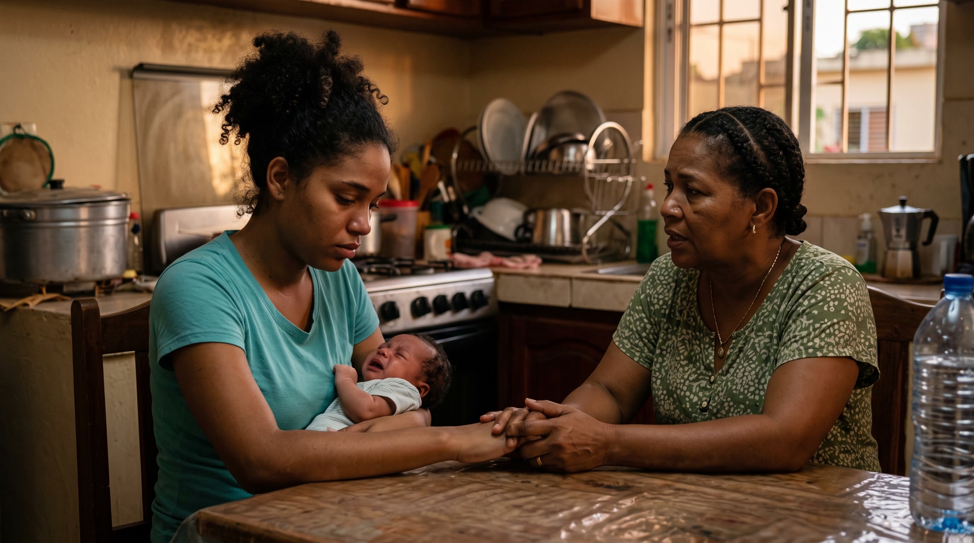 Una madre dominicana joven sostiene a su bebé recién nacido junto a la ventana de la cocina en el Cibao, con expresión cansada y tierna a la vez — foto editorial sobre la depresión posparto y el peso que carga la madre