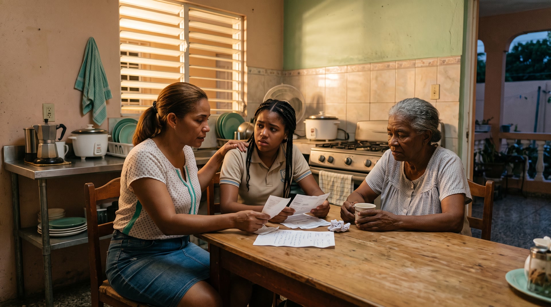 Una mujer dominicana de unos 35 años sentada a la mesa de su cocina de madrugada, con el celular apagado a un lado y la mirada perdida — foto editorial sobre la ansiedad por dinero