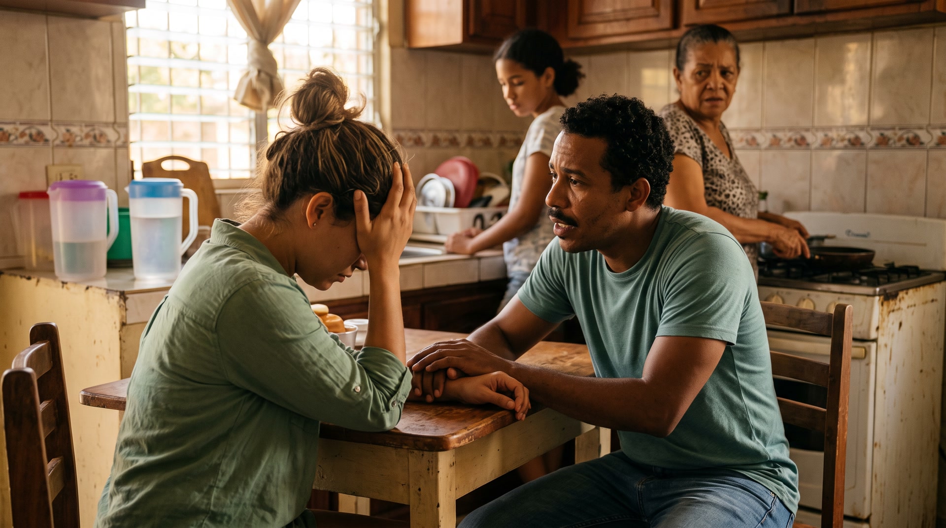 Pareja dominicana conversando en casa, ilustrando las señales de codependencia en la pareja