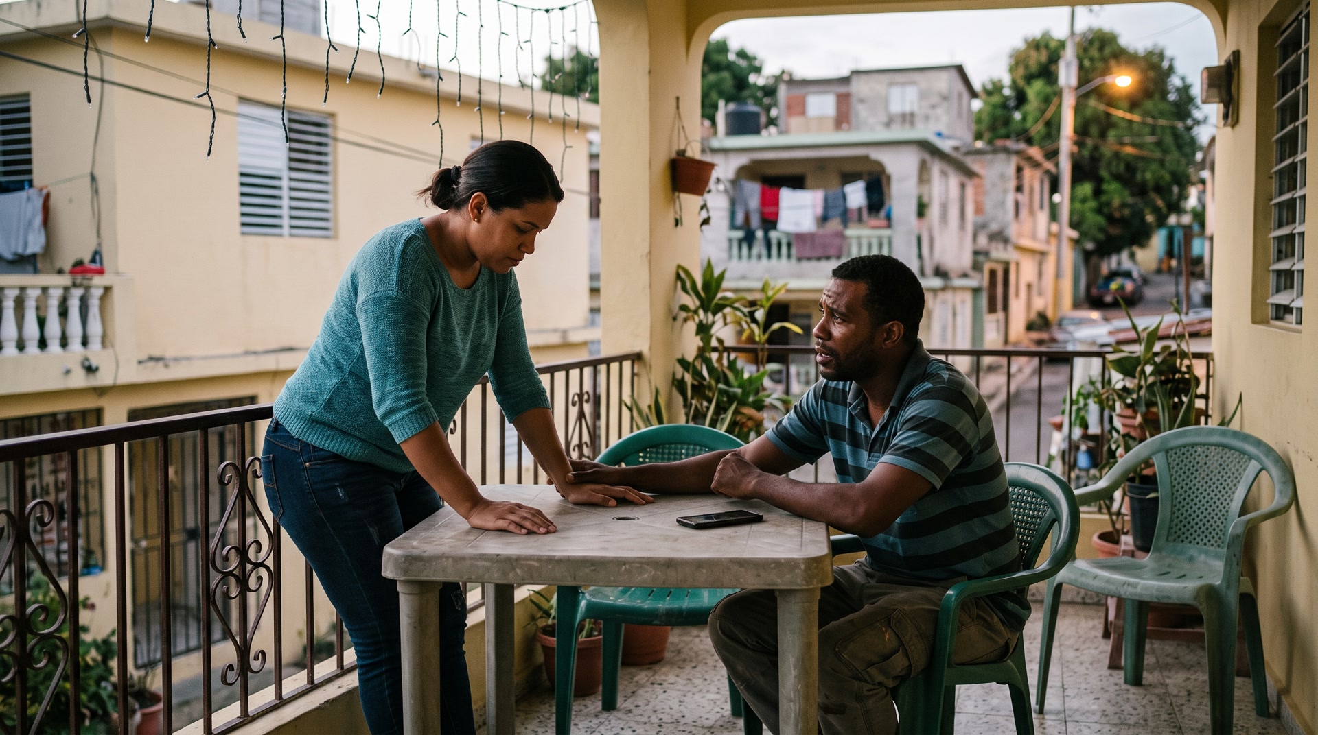 Una pareja dominicana de unos 28 años sentada en el balcón de una casa en Santiago al atardecer, ella mira su celular con expresión tensa y él la observa desde el otro extremo — foto editorial sobre celos y control en la pareja