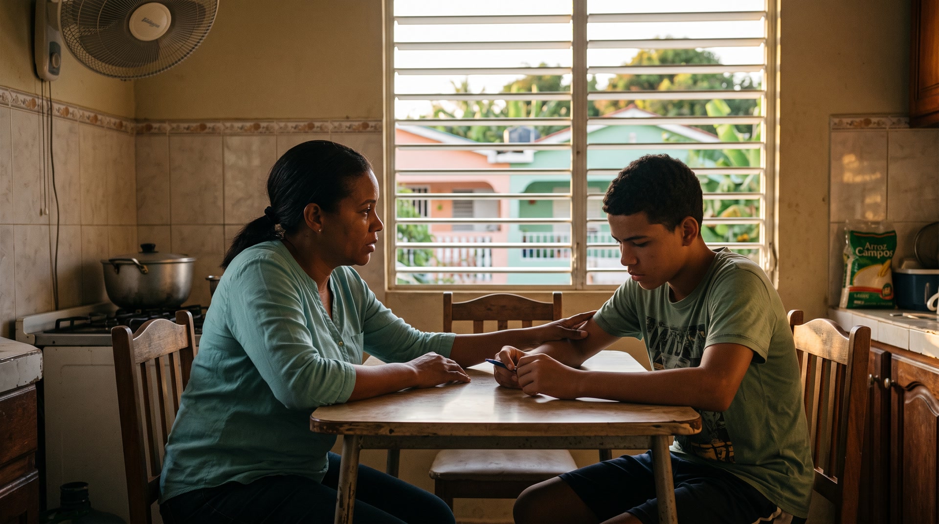 Una madre dominicana de unos 40 años camina junto a su hijo de 12 años en uniforme escolar por una calle de Santiago mientras conversan con calma — foto editorial sobre cómo reconocer el bullying escolar y acompañar a tu hijo
